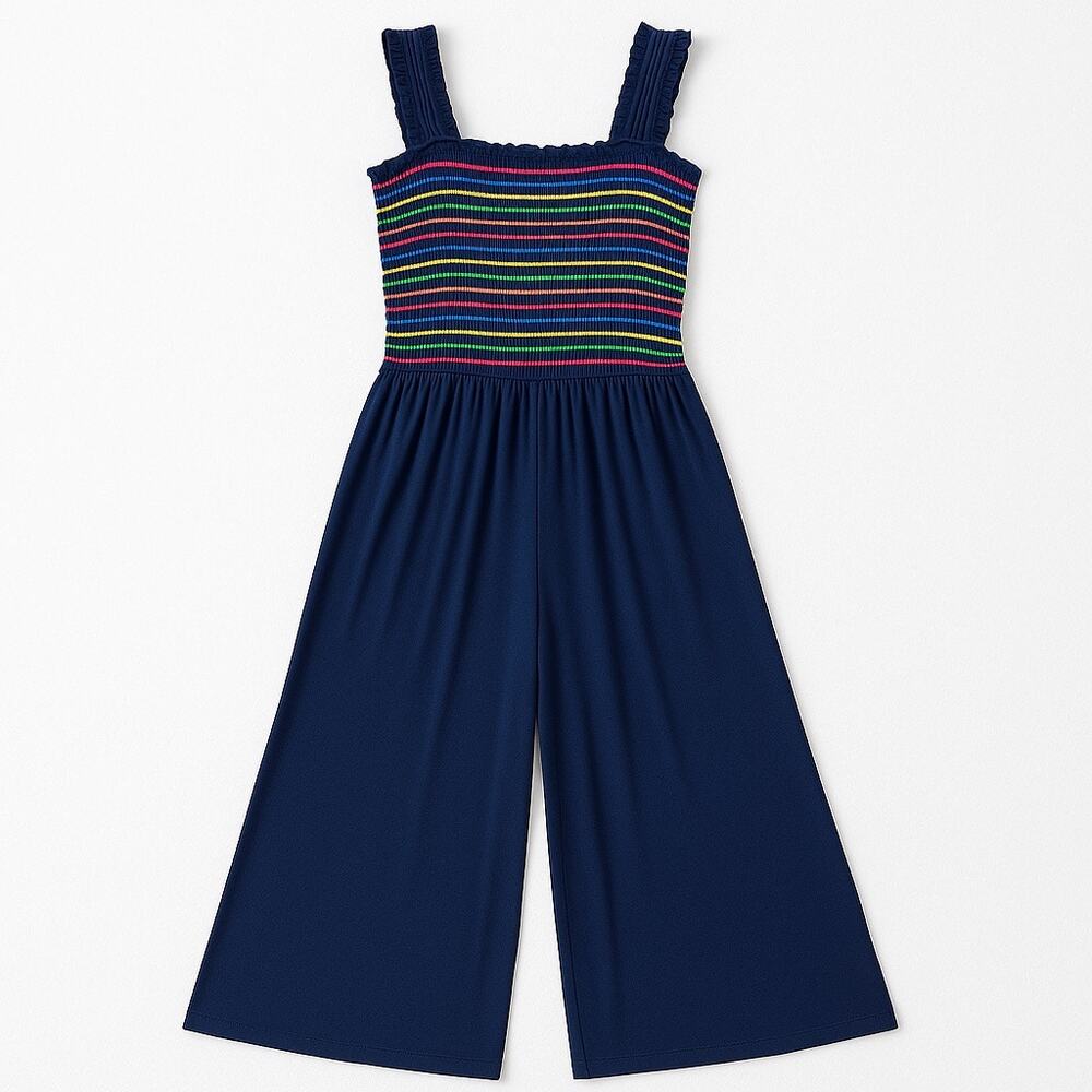 ModCloth Jersey Smocked Jumpsuit Rainbow Print Navy Blue Size Small